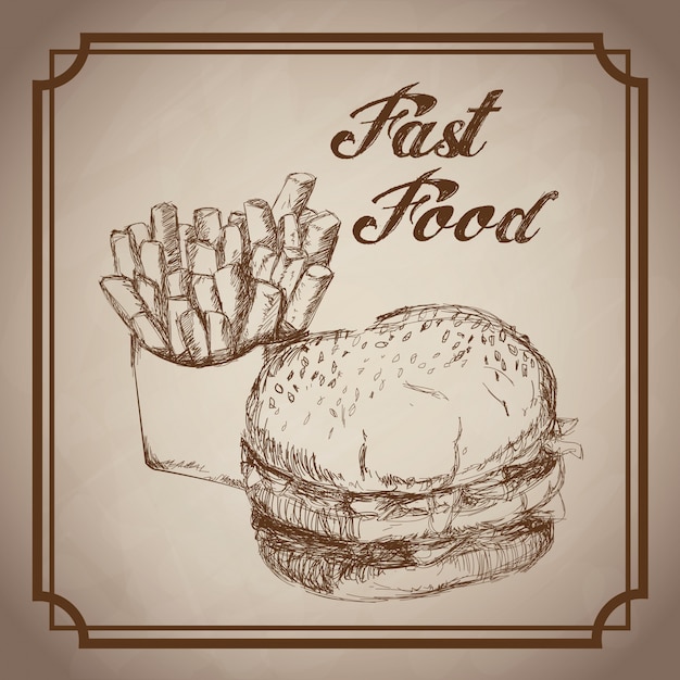 Hand drawn burger and french fries fast food 