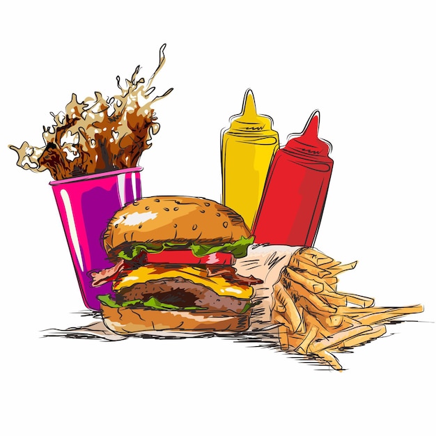 Vector hand drawn burger and friend, ilustration, vector burger