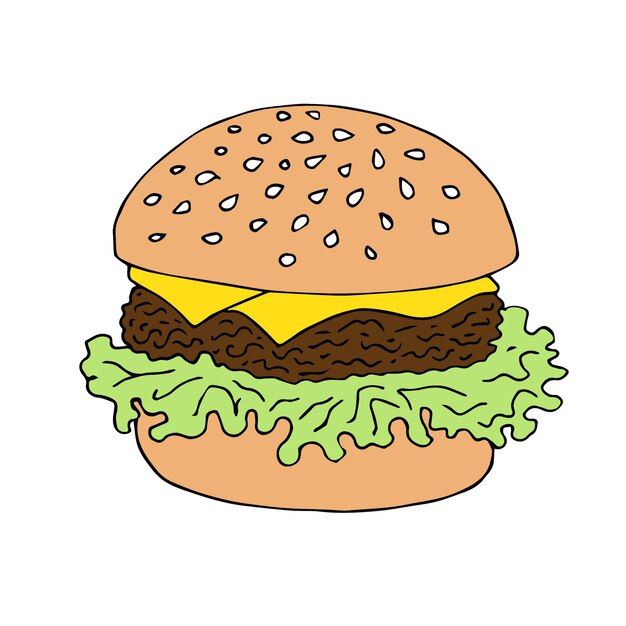 Hamburger disegnato a mano isolato su sfondo bianco