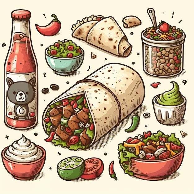 Vector hand drawn burrito cartoon illustration