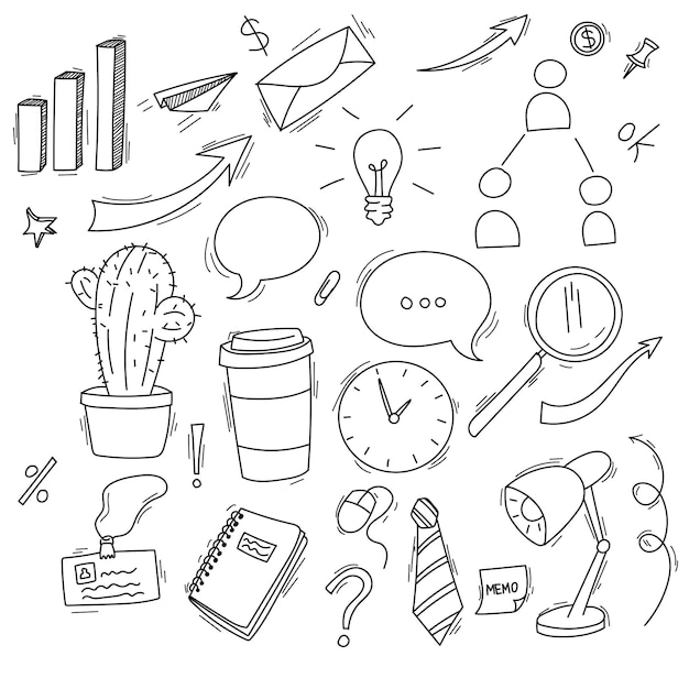 Vector hand drawn business doodles element related startup to success office sketch set