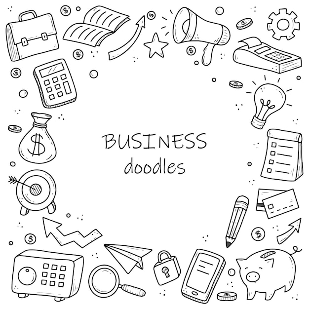 Hand drawn business and finance elements, coin, calculator, piggy, money. Doodle sketch style.