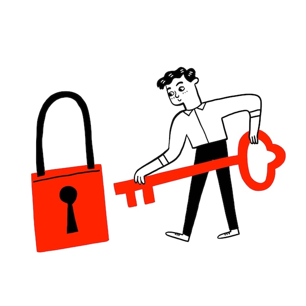 Uomo d'affari disegnato a mano con la chiave d'oro per sbloccare la serratura soluzione d'affari chiave per il concetto di successo