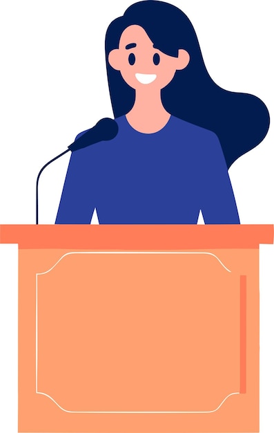 Hand Drawn Business woman speaking on the podium in flat style isolated on background