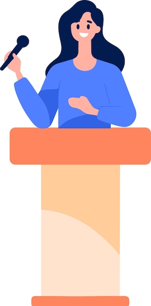 Vector hand drawn business woman speaking on the podium in flat style isolated on background