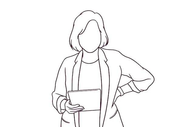 Hand drawn business woman using tablet illustraton