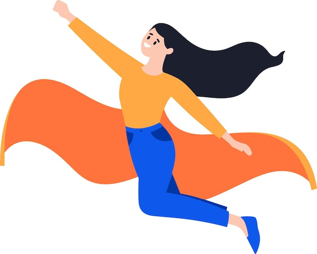 Hand Drawn Business woman with hero cape in flat style isolated on background