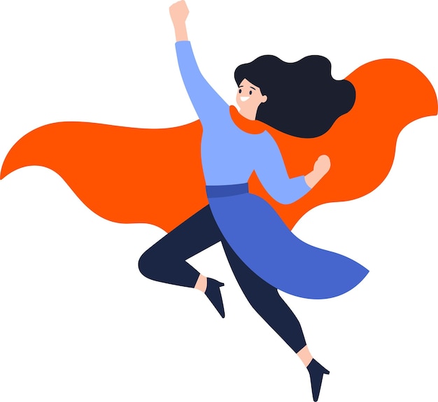 Hand Drawn Business woman with hero cape in flat style isolated on background