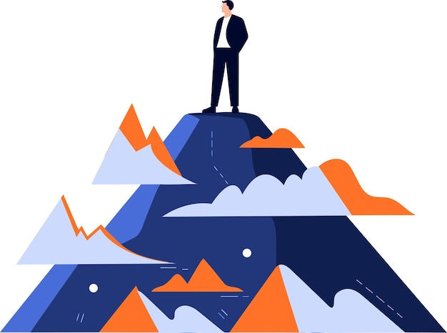 Hand drawn businessman standing on top of the mountain of success in flat style isolated on background