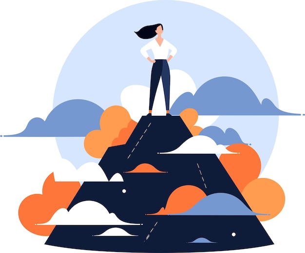 Vector hand drawn businessman standing on top of the mountain of success in flat style isolated on background