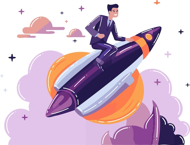 Hand Drawn Businessman with a rocket in flat style