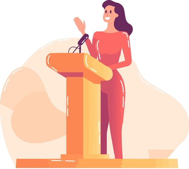 Vector hand drawn businesswoman speaking on the podium in flat style