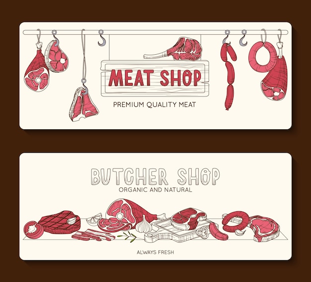 Vector hand drawn butcher shop banner set