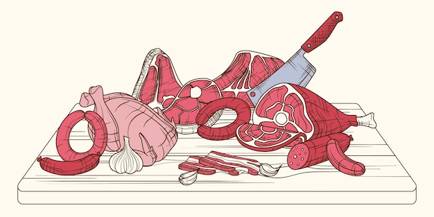 Vector hand drawn butcher shop composition