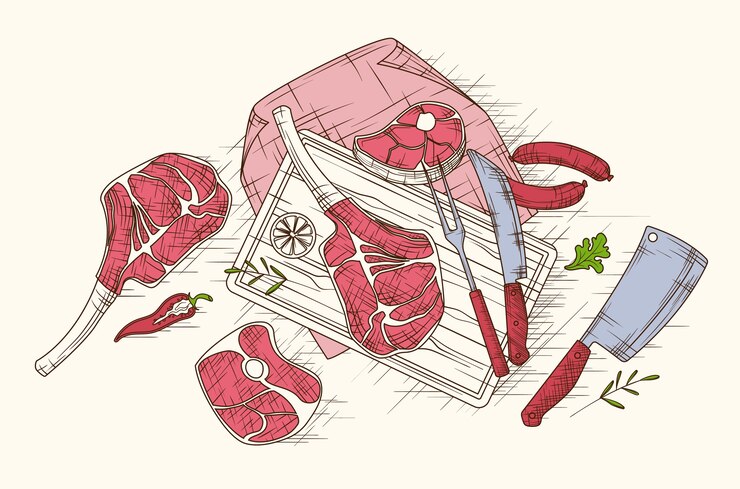Vector hand drawn butcher shop composition