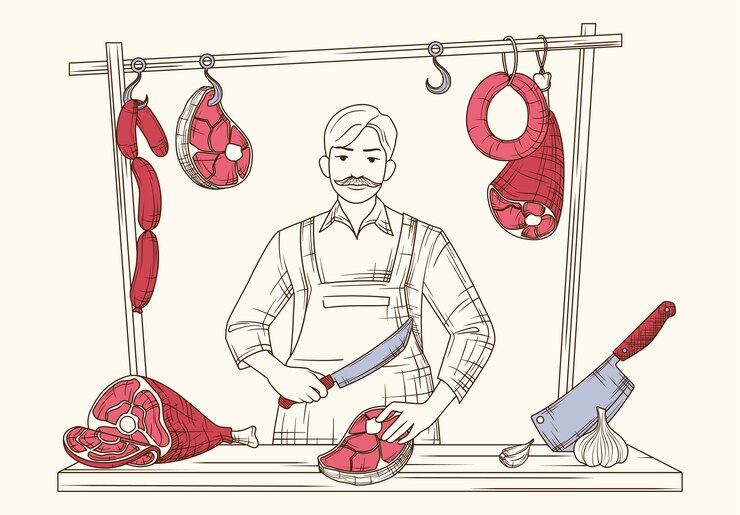 Vector hand drawn butcher shop composition