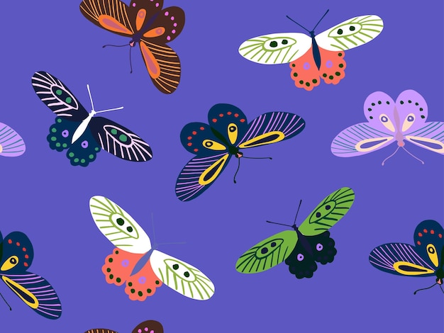 素朴なスタイルの手描きの蝶カラフルな蝶と幼稚なシームレスパターン