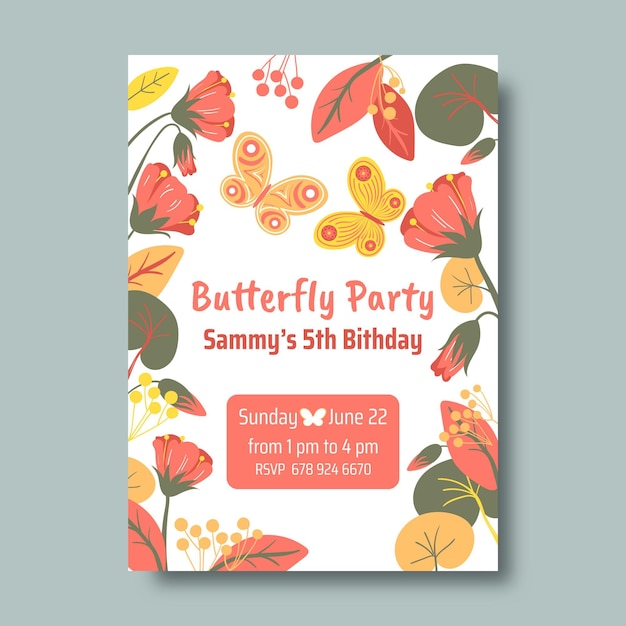 Hand drawn butterfly birthday invitation template