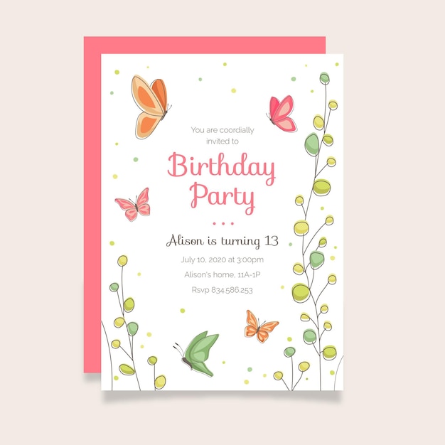 Hand drawn butterfly birthday invitation template