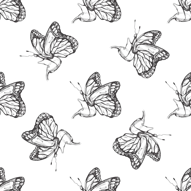 手描きの蝶のシームレスなパターン モノクロの昆虫の落書き 黒と白のビンテージ要素