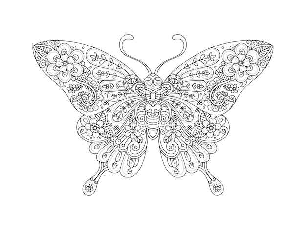 Hand drawn butterfly zentangle style for coloring page