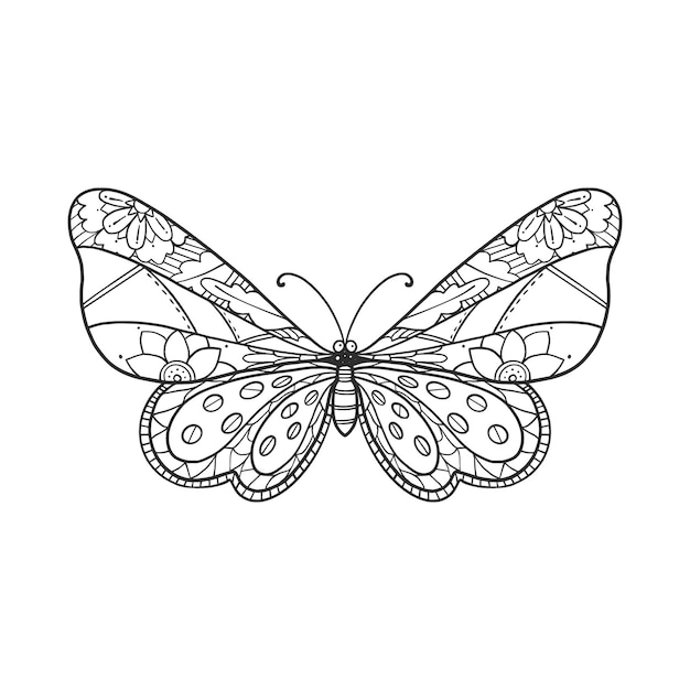 Hand drawn butterfly zentangle for tshirt design or tattoo Coloring book for kids and adults