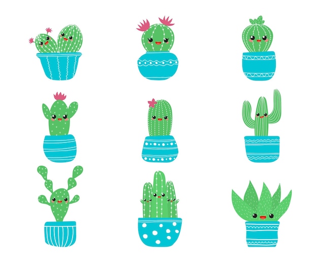 I cactus disegnati a mano hanno messo l'illustrazione piana di vettore del carattere succulento sveglio