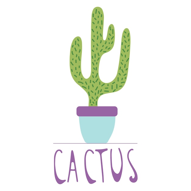 Hand drawn cactus in a colourful ceramic pot doodle style isolated on a white background