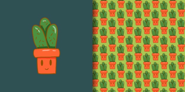 Hand drawn cactus with seamless pattern