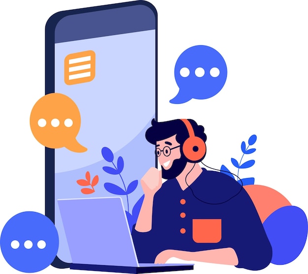 Hand Drawn Call center characters with smartphones in the concept of online support in flat style isolated on background