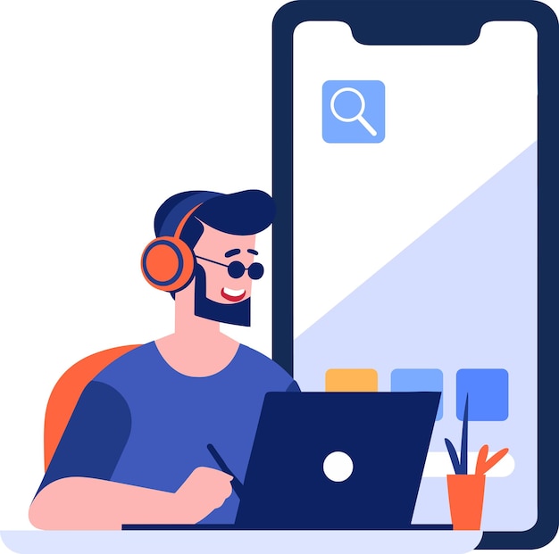 Hand Drawn Call center characters with smartphones in the concept of online support in flat style isolated on background