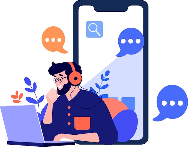 スマートフォンを備えたコールセンターのキャラクターは,背景に隔離されたフラットスタイルのオンラインサポートのコンセプトで手で描かれています.