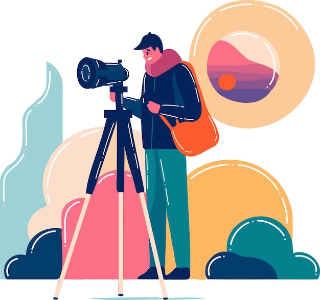 Hand Drawn Cameraman with a camera in flat style