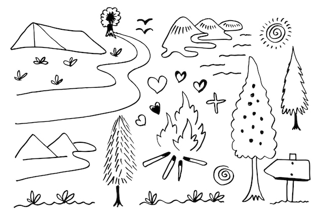 Hand drawn camping and hiking elements isolated on white background.doodle style.