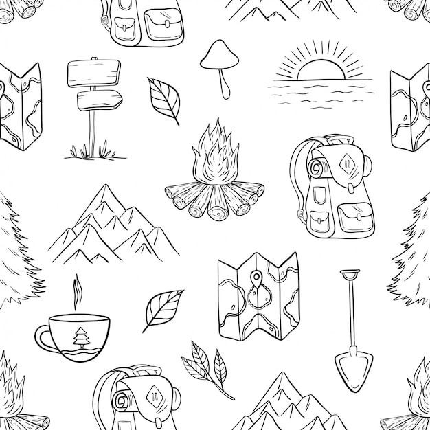 手描きのキャンプ、ハイキング、旅行のシームレスパターン