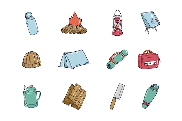 Hand drawn camping icon collection