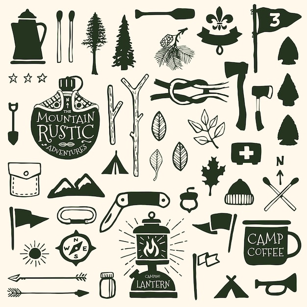 Hand drawn camping icons and sketched scout graphics