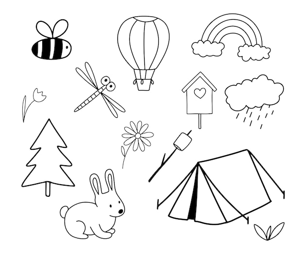 Hand drawn camping tent doodle icon Vector outline sketch isolated on white Bee dragonfly rainbow and birdhouse