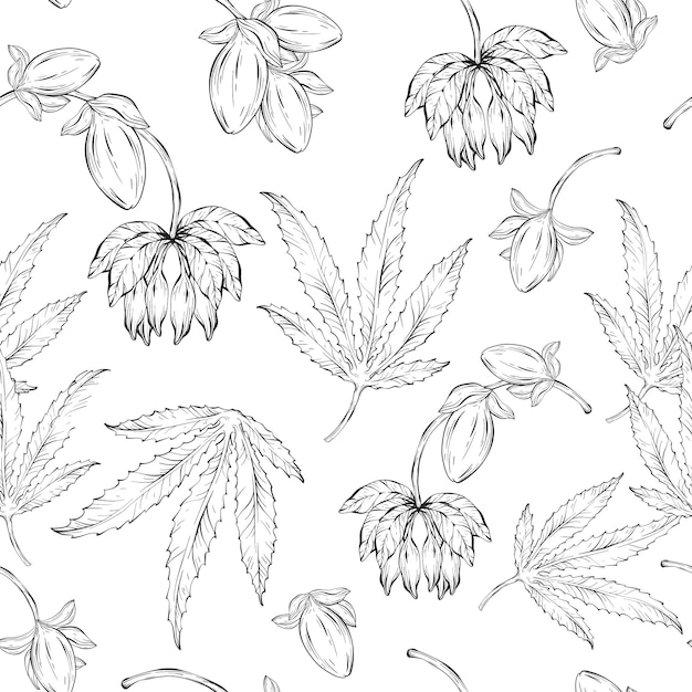 Hand drawn cannabis leaves seamless pattern Black and white