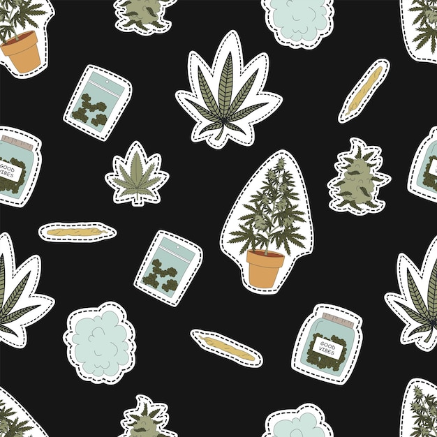 Hand drawn cannabis marijuana elements seamless pattern Vector flat illustrations