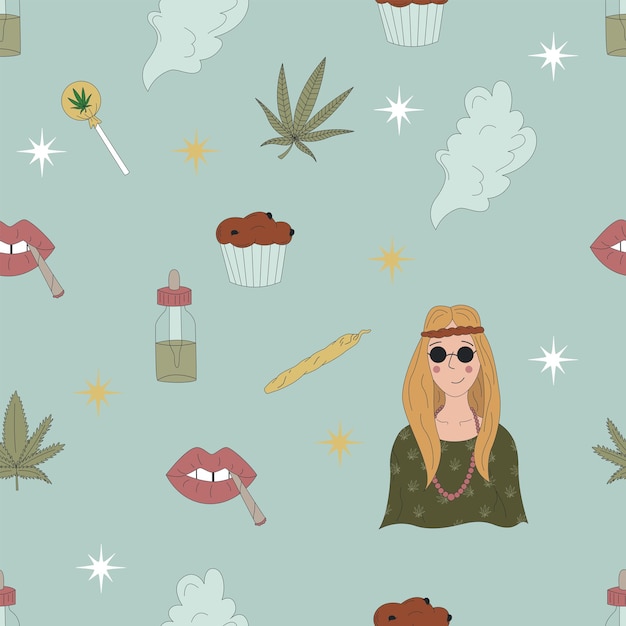 Hand drawn cannabis marijuana elements seamless pattern vector flat illustrations