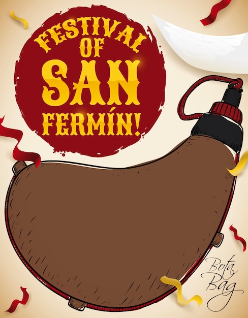 Vector hand drawn canteen with bull horn and streamers for san fermin