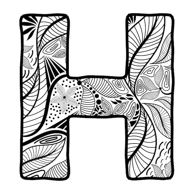 Hand drawn capital letter H in black coloring sheet for adults