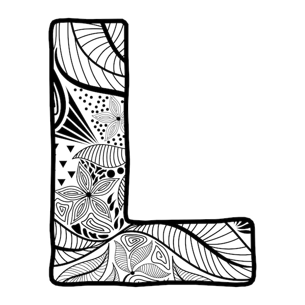 Hand drawn capital letter L in black coloring sheet for adults