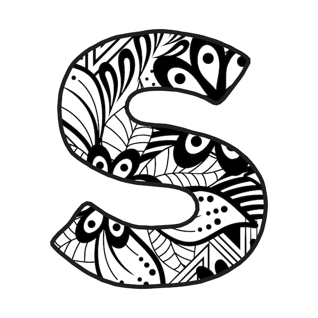 Hand drawn capital letter s in black coloring sheet for adults