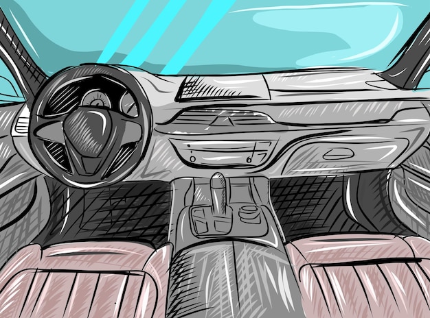 Premium Vector  Handdrawn vector drawing of a car interior with a  steering wheel blackandwhite sketch on a trans