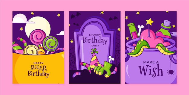 Vector hand drawn cards collection for halloween celebration