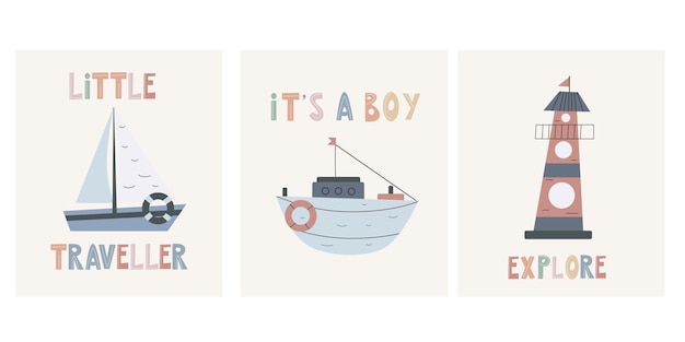 Hand drawn cards with boats baby shower concept vector illustration in pastel colors