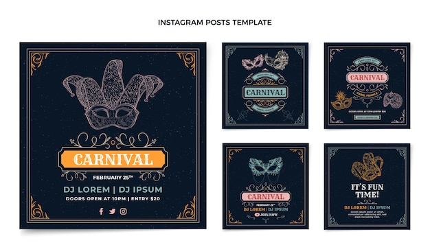 Vettore collezione di post di instagram di carnevale disegnati a mano