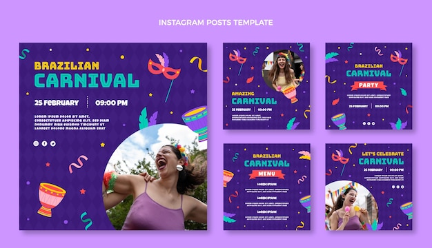 Collezione di post di instagram di carnevale disegnati a mano